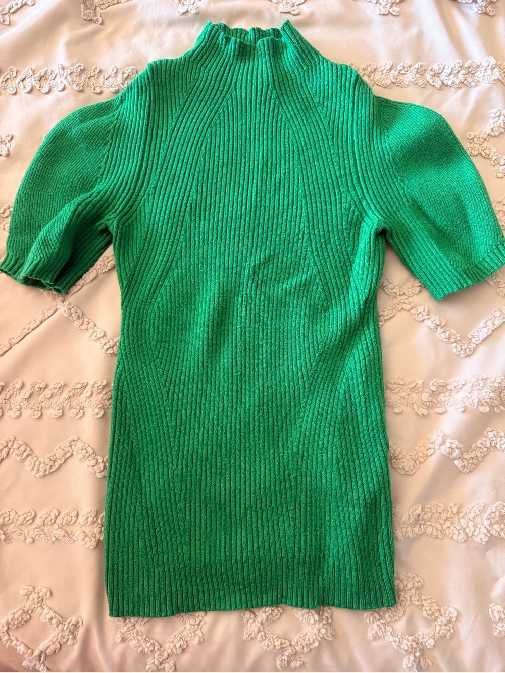 Anthropologie Bright Green Ribbed Mock-Neck Short Sleeve Sweater